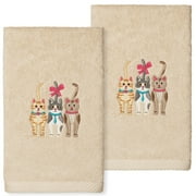 Linum Home Textiles Cats Embroidered Luxury 2 Piece Turkish Cotton Hand Towels, 16 x 30, Sand Beige
