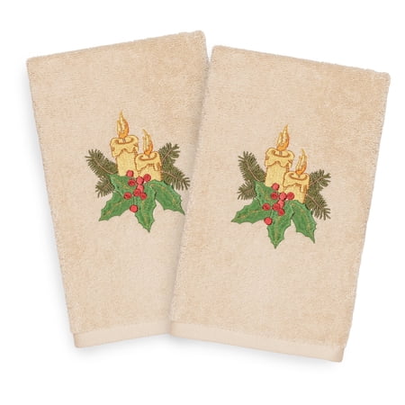 Linum Home Textiles Christmas Candles Embroidered Turkish Cotton Hand Towel - Set of 2