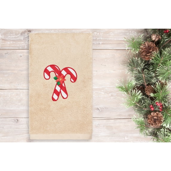 Linum Home Textiles Christmas Candy Canes Embroidered Luxury 100% Turkish Cotton Hand Towel