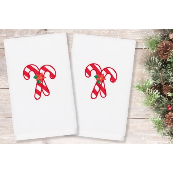 Linum Home Textiles Christmas Candy Canes Embroidered Luxury 100% Turkish Cotton Hand Towels (Set of 2)