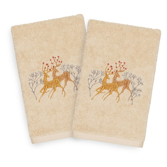 Linum Home Textiles Christmas Deer Pair Embroidered Turkish Cotton Hand Towel - Set of 2