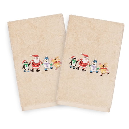 Linum Home Textiles Christmas Skating Party Embroidered Turkish Cotton Hand Towel - Set of 2