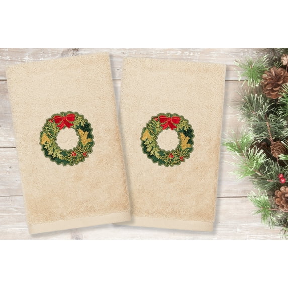 Linum Home Textiles Christmas Wreath Embroidered Luxury 100% Turkish Cotton Hand Towels (Set of 2)