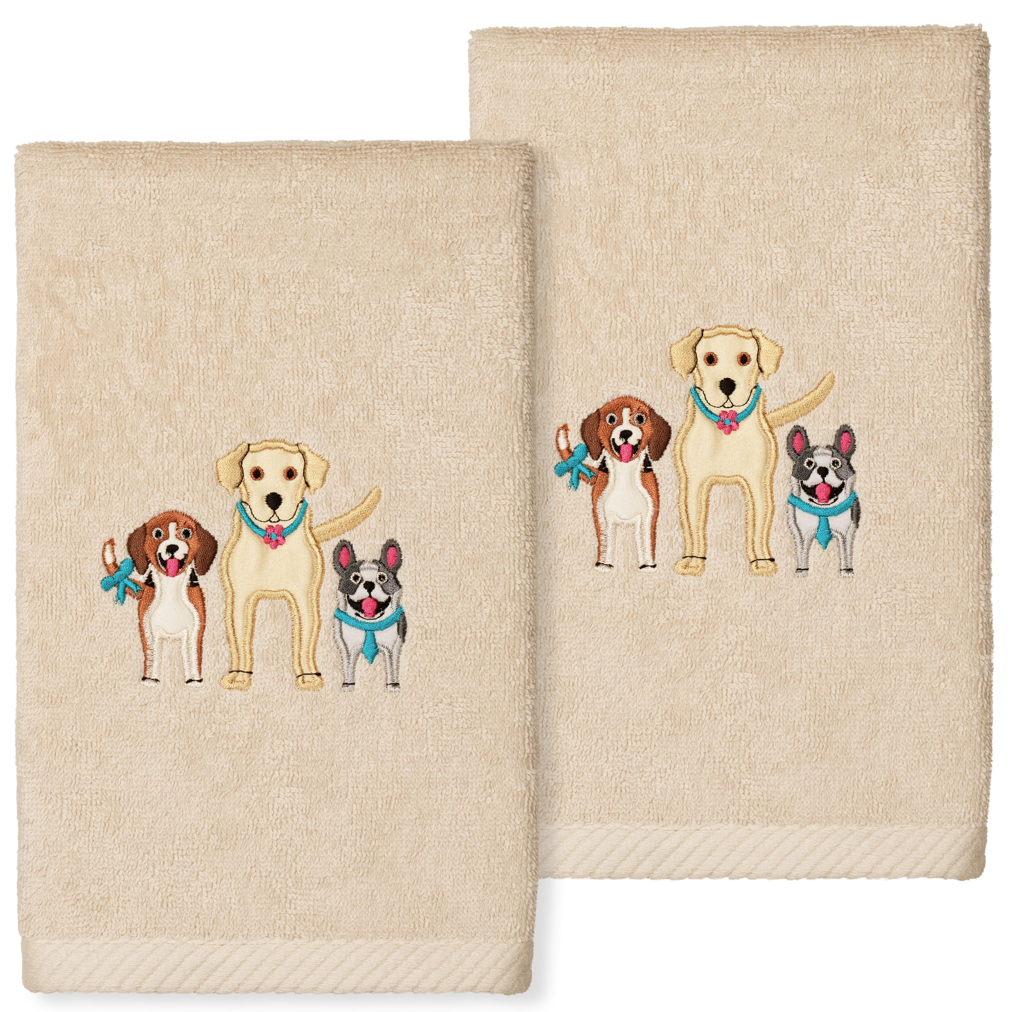 Linum Home Textiles Dogs Embroidered Luxury 2 Piece Turkish Cotton Hand Towels, 16" x 30", Sand Beige