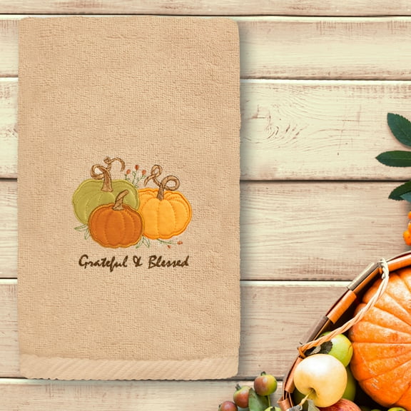 Linum Home Textiles Grateful & Blessed - Embroidered Luxury Turkish Cotton Hand Towel, Sand Beige