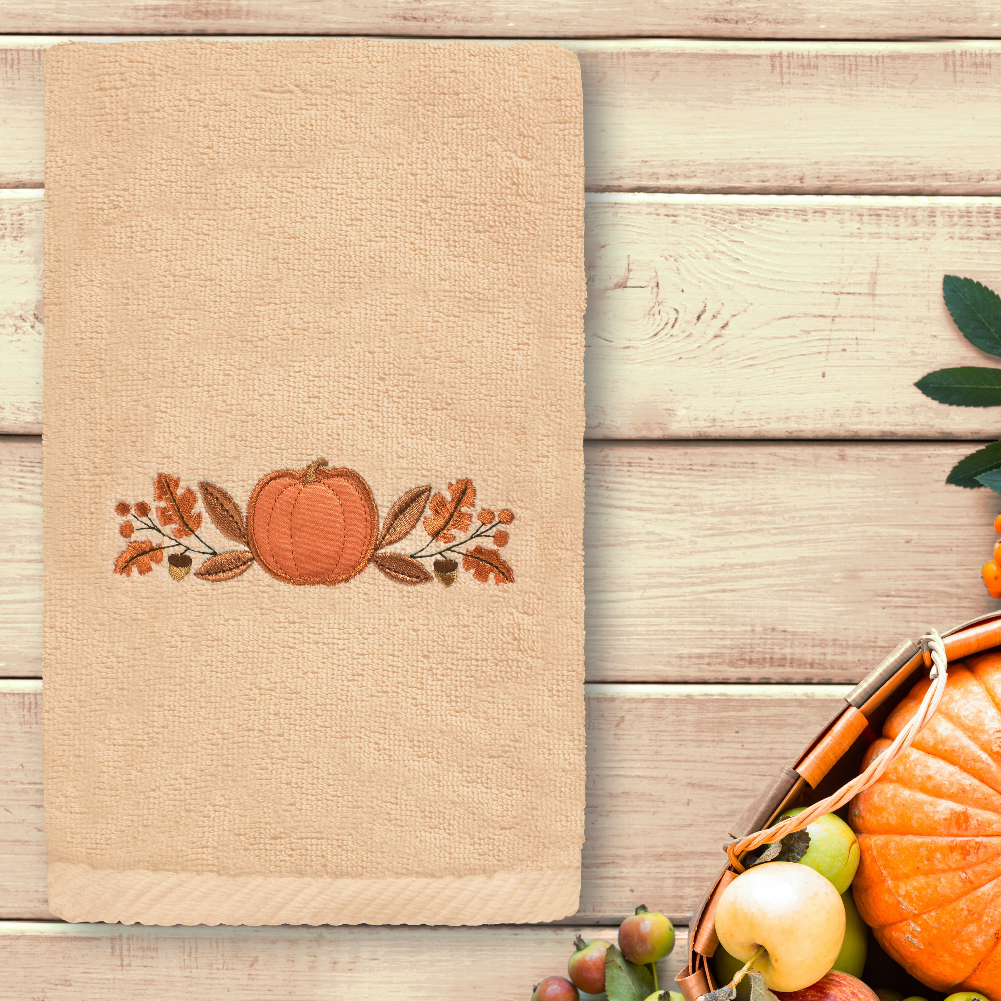 Linum Home Textiles Harvest Bounty - Embroidered Luxury Turkish Cotton Hand Towel, Sand Beige