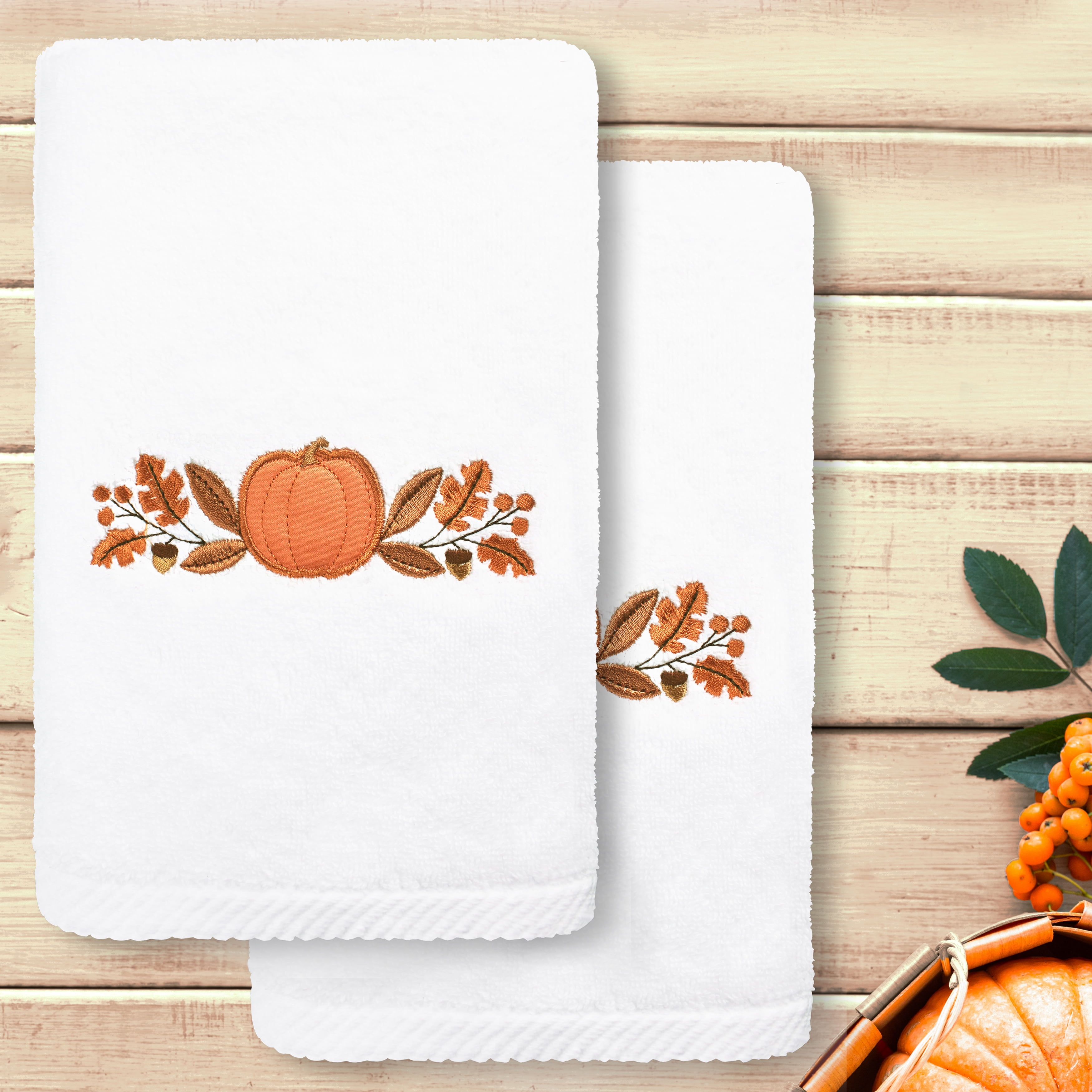 Linum Home Textiles Harvest Bounty - Embroidered Luxury Turkish Cotton Hand Towels, White (2 Piece)
