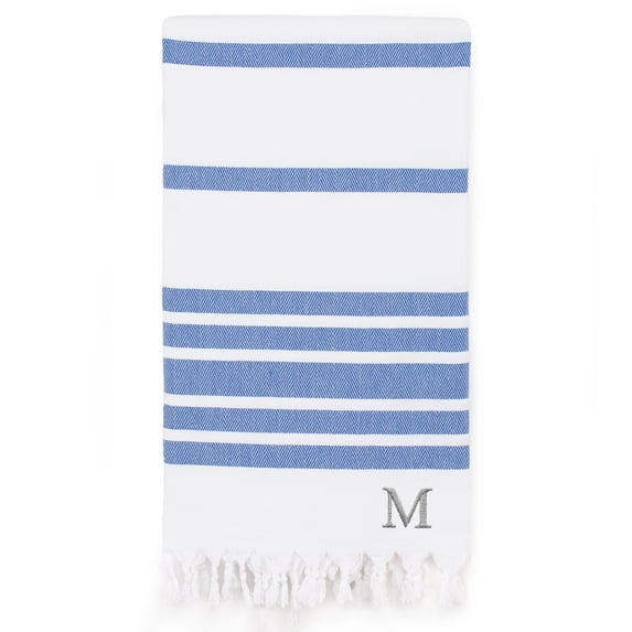 Authentic Hotel and Spa Authentic Pestemal Royal Blue Herringbone Monogrammed Turkish Cotton Bath and Beach Towel - N/A Blue - M
