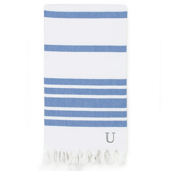 Authentic Hotel and Spa Authentic Pestemal Royal Blue Herringbone Monogrammed Turkish Cotton Bath and Beach Towel - N/A Blue - U