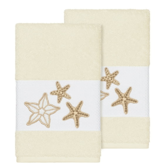 Authentic Hotel and Spa  Cream Turkish Cotton Starfish Embroidered Hand Towels (Set of 2)