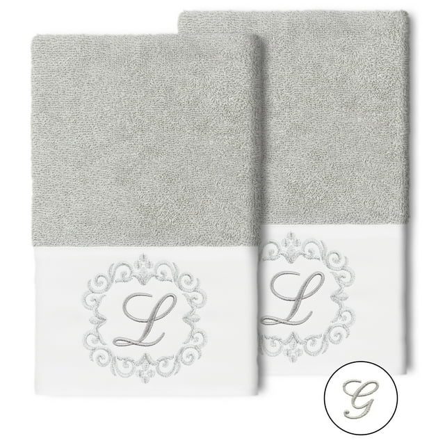 Linum Home Textiles Monica 2-Pieces Texture/Embroidery Turkish Cotton Embellished Hand Towel Set, 16" x 30", Light Gray