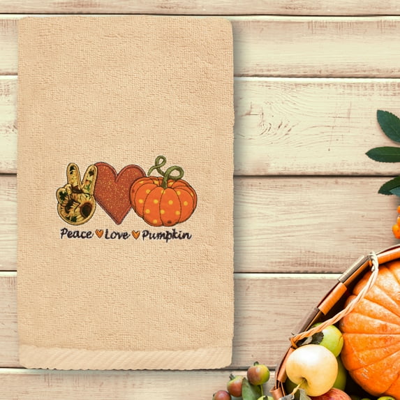 Linum Home Textiles Peace*Love*Pumpkin - Embroidered Luxury Turkish Cotton Hand Towel, Sand Beige