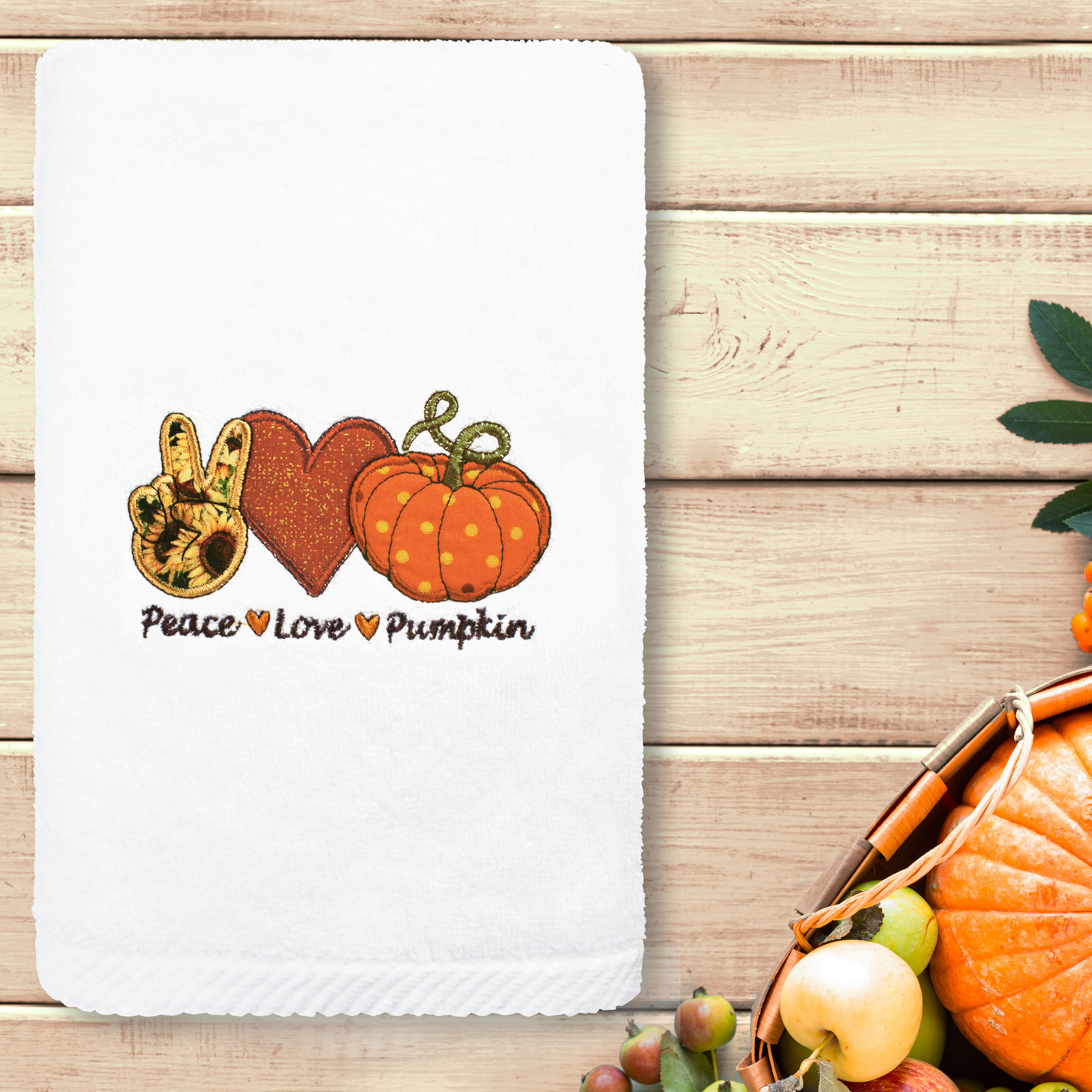 Linum Home Textiles Peace*Love*Pumpkin - Embroidered Luxury Turkish Cotton Hand Towel, White