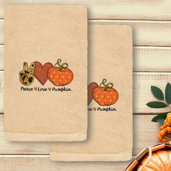 Linum Home Textiles Peace*Love*Pumpkin - Embroidered Luxury Turkish Cotton Hand Towels, Sand Beige (2 Piece)
