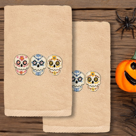 Linum Home Textiles Skulls - Embroidered Luxury Turkish Cotton Hand Towels, Sand Beige (2 Piece)