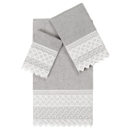 Linum Home Textiles Traditional/Contemporary 3 Piece Turkish Cotton Aiden White Lace Embellished Bath Towel Set, Light Gray