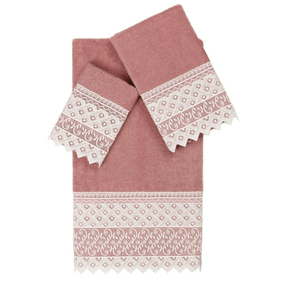 Linum Home Textiles Traditional/Contemporary 3 Piece Turkish Cotton Aiden White Lace Embellished Bath Towel Set, Rose Pink