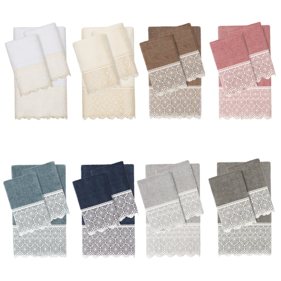 Linum Home Textiles Traditional/Contemporary 3 Piece Turkish Cotton Arian Cream Lace Embellished Bath Towel Set, White