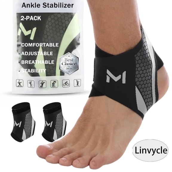 Linvycle 2 Pack Ankle Brace Compression Support Sleeve, Adjustable Stabilizer Straps Anti-Sprain Ankle Wrap for Basketball Running, Breathable Sport Ankle Support for Men Women, Grey