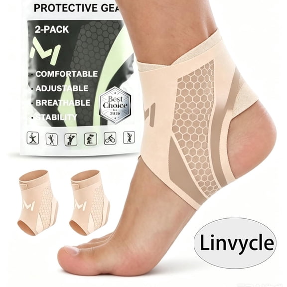 Linvycle 2 Pack Ankle Brace Compression Support Sleeve, Adjustable Stabilizer Straps Anti-Sprain Ankle Wrap for Basketball Running, Breathable Sport Ankle Support for Men Women, Beige