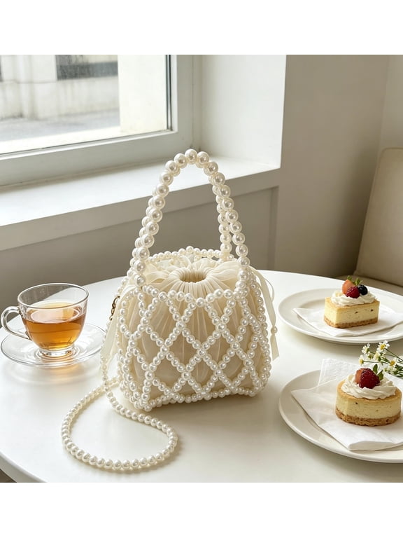 Hollow Acrylic Pearl Bucket Handbag, Drawstring Mini Beaded Tote with Dual Pearl Straps, Elegant Crossbody Purse for Wedding Party Daily Vacation Outfit Styling