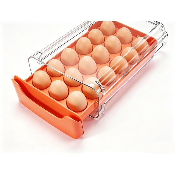 Linvycle Pull Out Egg Storage Container, Single Layer Option, BPA-Free PET+PP Refrigerator Egg Holder, Stackable Drawer Egg Tray Holds 18 Large Eggs, Orange
