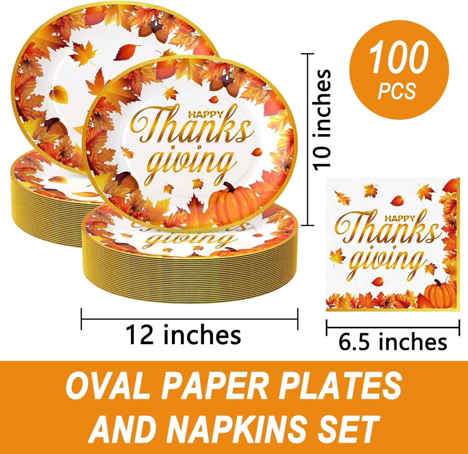 Linyan-100Pcs Thanksgiving Oval Paper Plates and Napkins Set, 10" x 12 ...