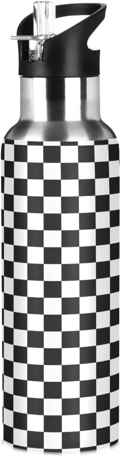 Linyan-Black White Checkered Pattern Water Bottle Kids Insulated Boys ...