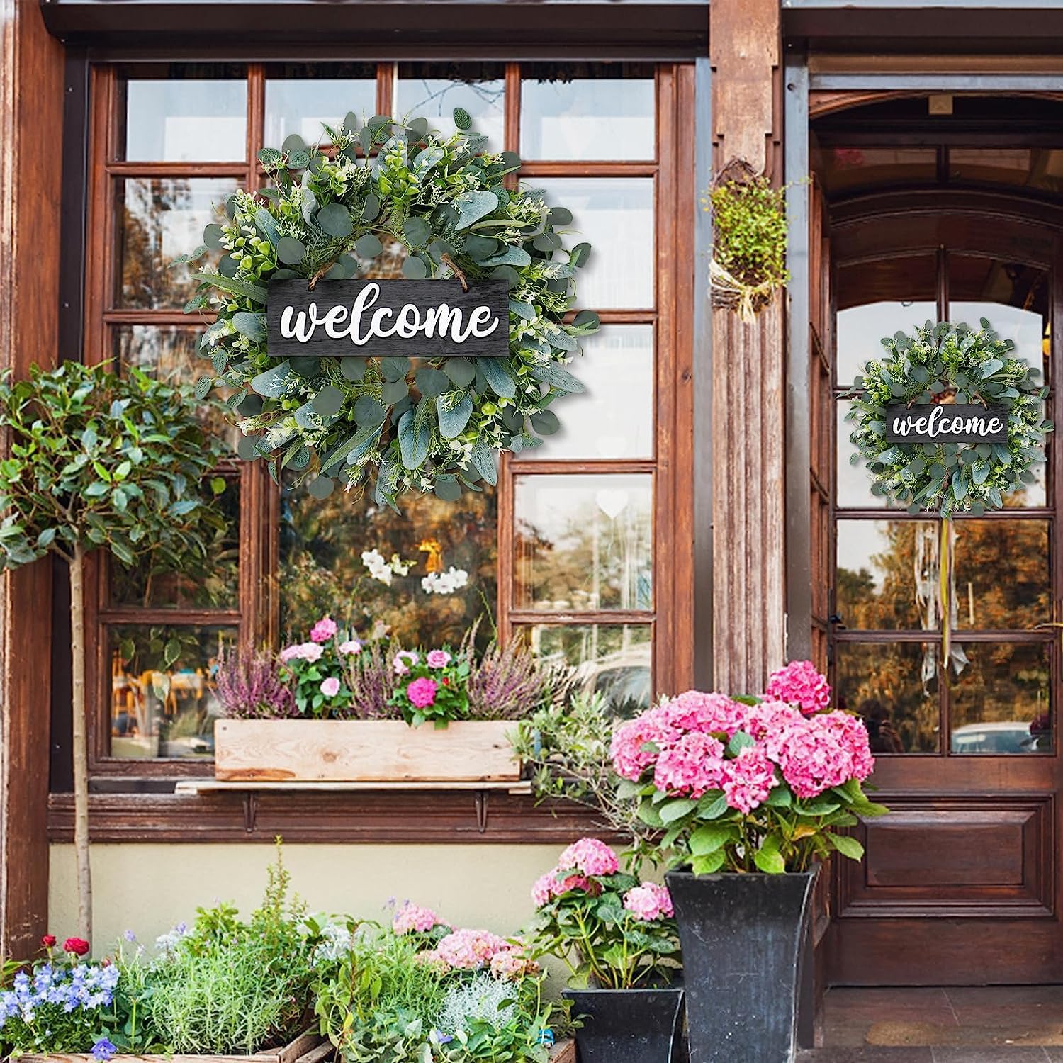 Linyan-Green Eucalyptus Wreath with Welcome Sign 22in Spring Summer ...