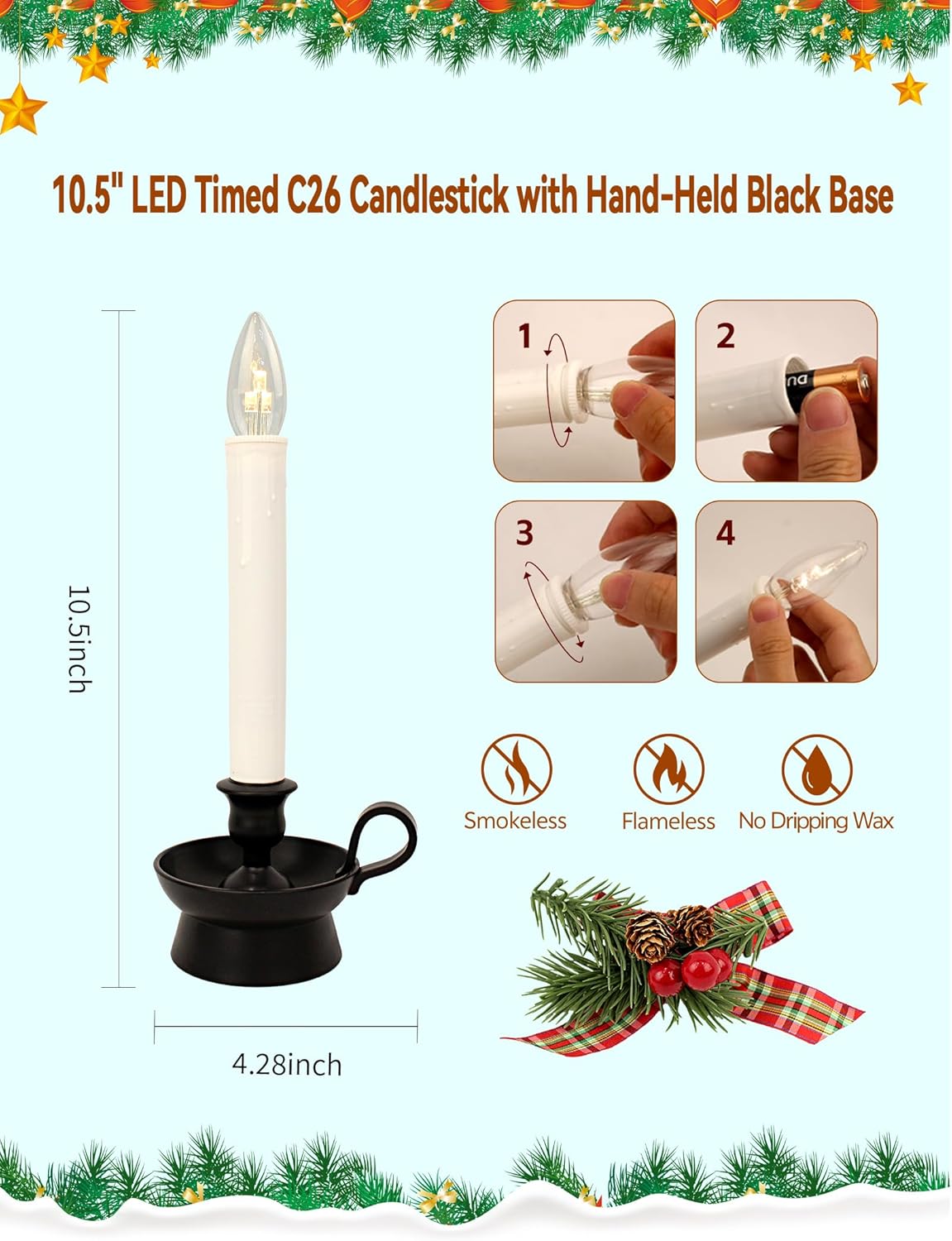 Traditional Flameless Window Candles – 4-Pack With Automatic Timer, Battery Operated LED Taper Candles For Christmas & Holiday Decor (Batteries Not Included)