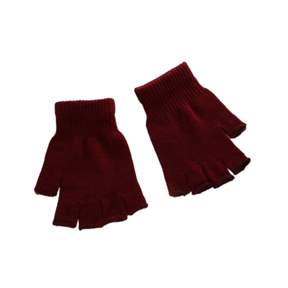 Linyer 1 Pair Knitted Half Fingertip Gloves Unisex Stretch Elastic Fingerless Mittens Road Cycling Riding Biking Warm Women Men Wine Red