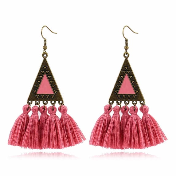 Linyer 2 Pieces Women Eardrop Tassel Triangular Decorative Fringed Ear Drop Earring Holiday Jewelry Decoration Pink
