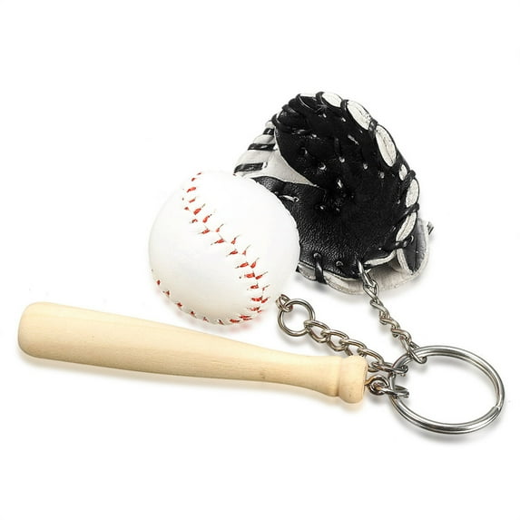 Linyer 3 Pieces Artificial Baseball Keychain Wooden Glove Backpack Keyring Home Office Decoration Party Gift Boys Boyfriend Black