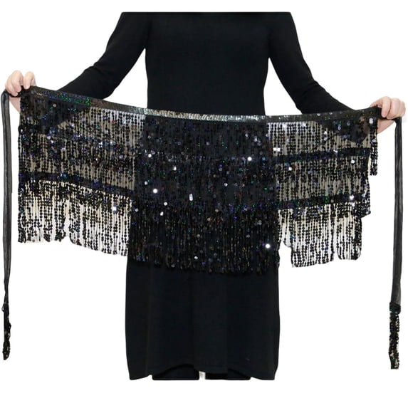 Linyer Fashionable Belly Dance Hip Skirt Tassel Skirts Multicolored Beautiful Sequin Shiny Rhinestones Rave Costume Women Female Black