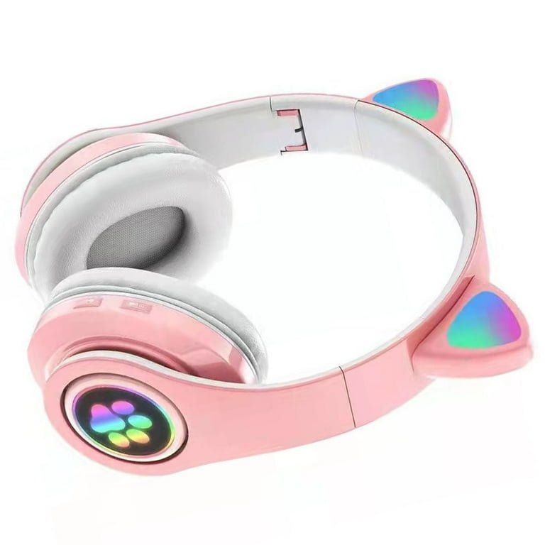 Linyer Kids Girls Wired Wireless Headphones Cat Ear Headsets LED w Mic Earphone BT5.0 pink