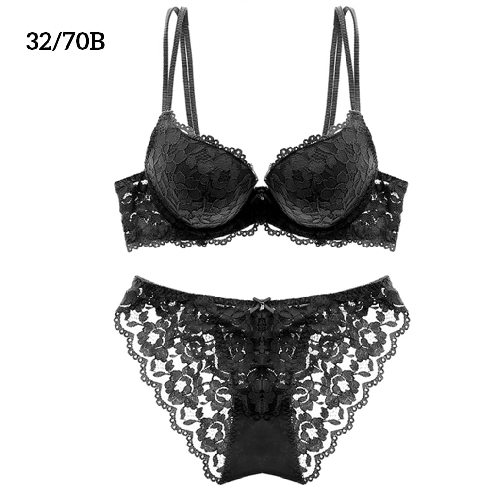 Linyer Lace Bra Set Push up Adjustable Girls Underwear Hollow Breathable  Lingerie Black 38/85B 