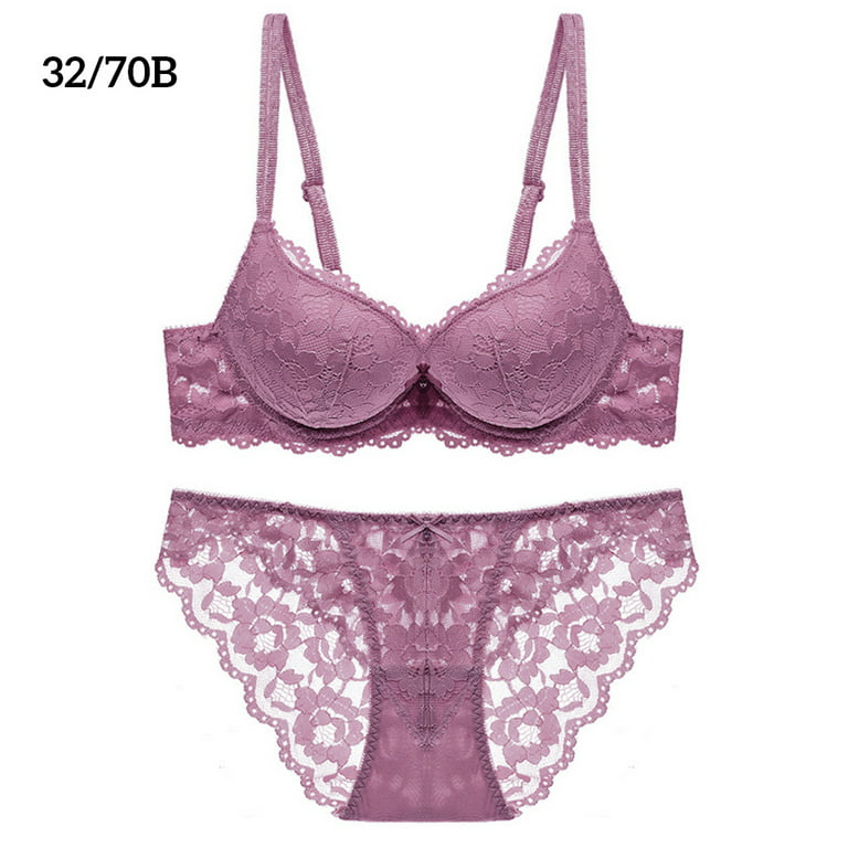 Linyer Lace Bra Set Push up Adjustable Girls Underwear Hollow Breathable Lingerie  Purple 32/70B 
