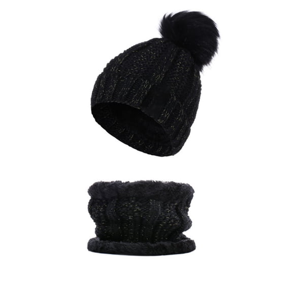Linyer Ladies Winter Ball Caps Decorative Fashionable Thickened Hat Scarf Lovely Crochet Knitted Two-piece Collar Black