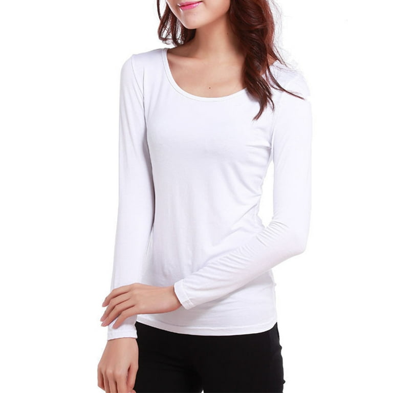 Linyer Long Sleeve Undershirt Breathable Plain Pullover Ladies Winter  Clothing T-Shirt Top Elastic Casual Style Underwear Female White