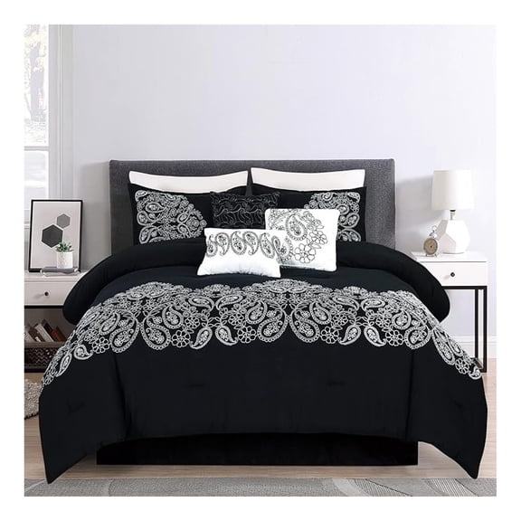 Linz 7-Piece Black/White Paisley Floral Scroll Embroidered Comforter Set, Queen