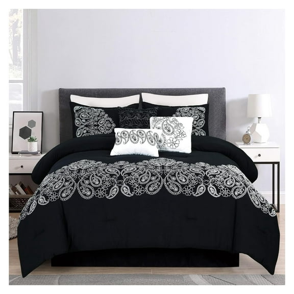 Linz 7-Piece Black/White Paisley Floral Scroll Embroidered Comforter Set, Queen