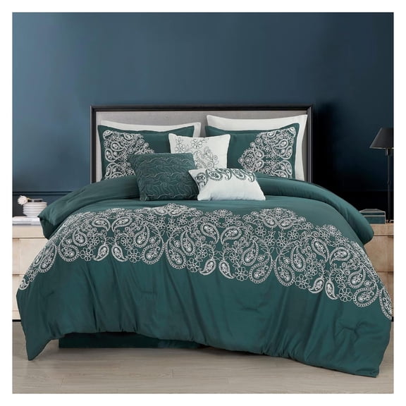 Linz 7-Piece Teal/White Paisley Floral Scroll Embroidered Comforter Set, King