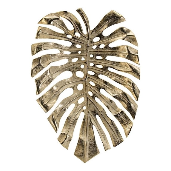 Benjara Linzo 19" Aluminum Wall Hanging Bowl- Monstera Leaf- Bright Gold Finish