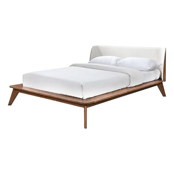 Linzy King Size Bed w Beige Boucle Winged Headboard-Walnut Brown