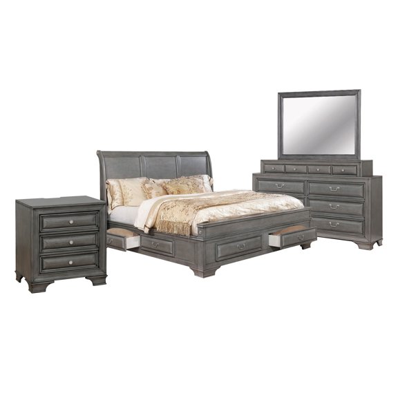 Lio Four Piece Queen Size Bedroom Set, Gray Wood Inlay Design, Nickel Metal Handles