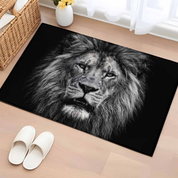 Lion 2'x3' Rug for Entryway Front Door Kitchen Sink Area, Modern Minimalist Black White Powerful Wild Animal Lion Head Low Pile Non Slip Rectangle Area Rug, Machine Washable Indoor Outdoor Mat