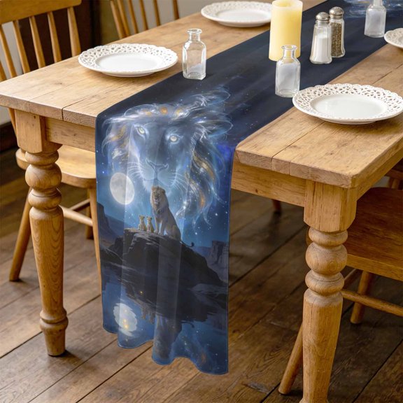 Lion 4.5ft Cheesecloth Table Runner for Wedding 19"x55", Watercolor Lion Fantasy Moon Mystic Natural Scenery Kitchen Dinner Sheer Tulle Chiffon Dresser Scarf, Holiday Party Decorations