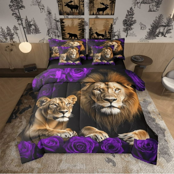 Lion 7 Piece Comforter Set Full Bed in a Bag,Purple Rose Bedding Sets,Western Sheet Set with Comforter African Animals Bed Set,Wildlife Flowers Room Decor