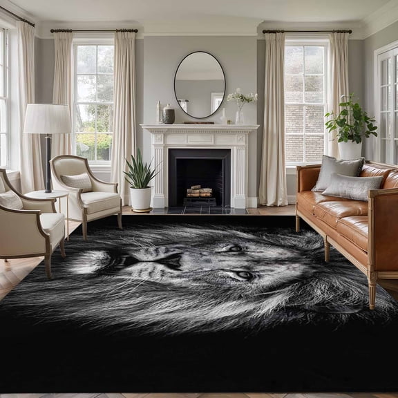 Lion 8'x10' Large Area Rug for Living Room Sectional Sofa, Modern Minimalist Black White Powerful Wild Animal Lion Head Non Slip Low Pile Rectangle Area Rug, Machine Washable Indoor Outdoor Mat