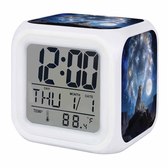 Lion Alarm Clock, Watercolor Lion Fantasy Moon Mystic Natural Scenery Digital Clock Night Light with 7 Color, Calendar Temperature Display, LED Desk Small Clock for Bedrooms Bedside Living Room